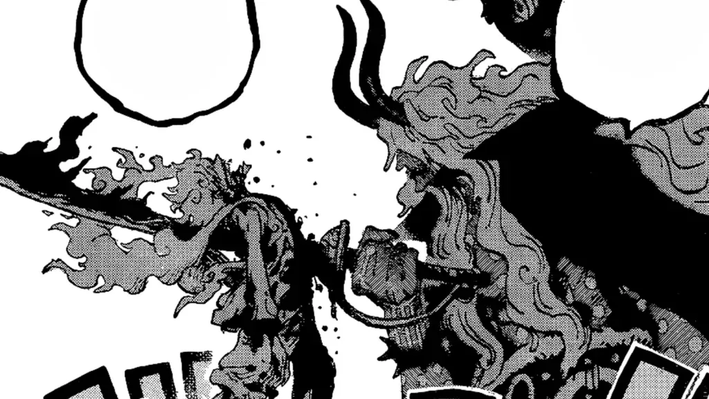 Luffy em sua forma Gear 5 sendo derrotado por Imu