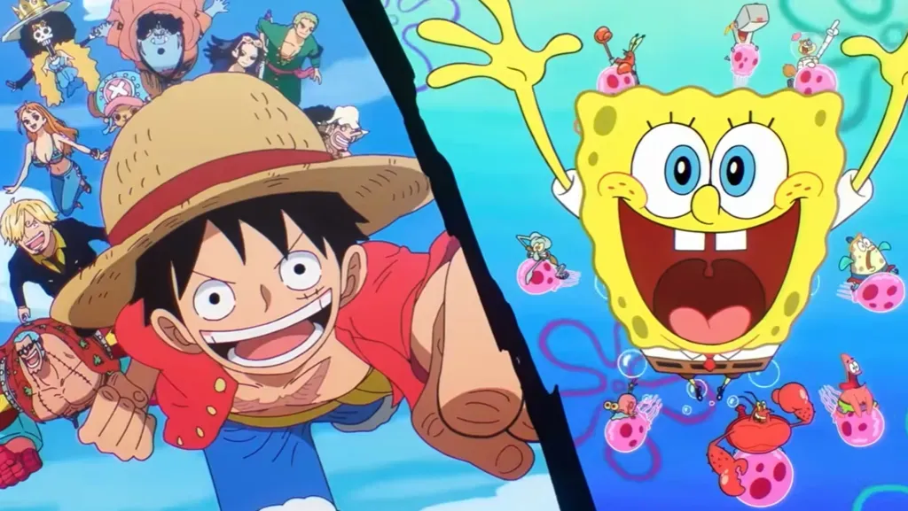 Arte promocional do crossover One Piece e Bob Esponja