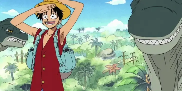 Luffy de One Piece em cenário de selva