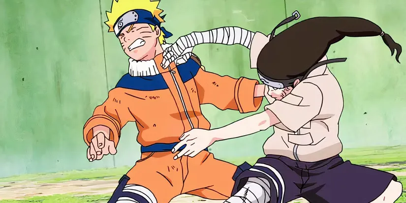 Naruto Uzumaki sendo atingido por Neji Hyuga no Exame Chunin