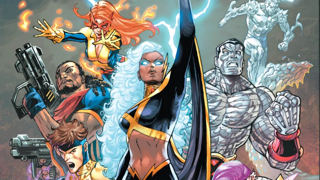 X-Men: Storm reunindo outros mutantes em uma ilustração de quadrinhos