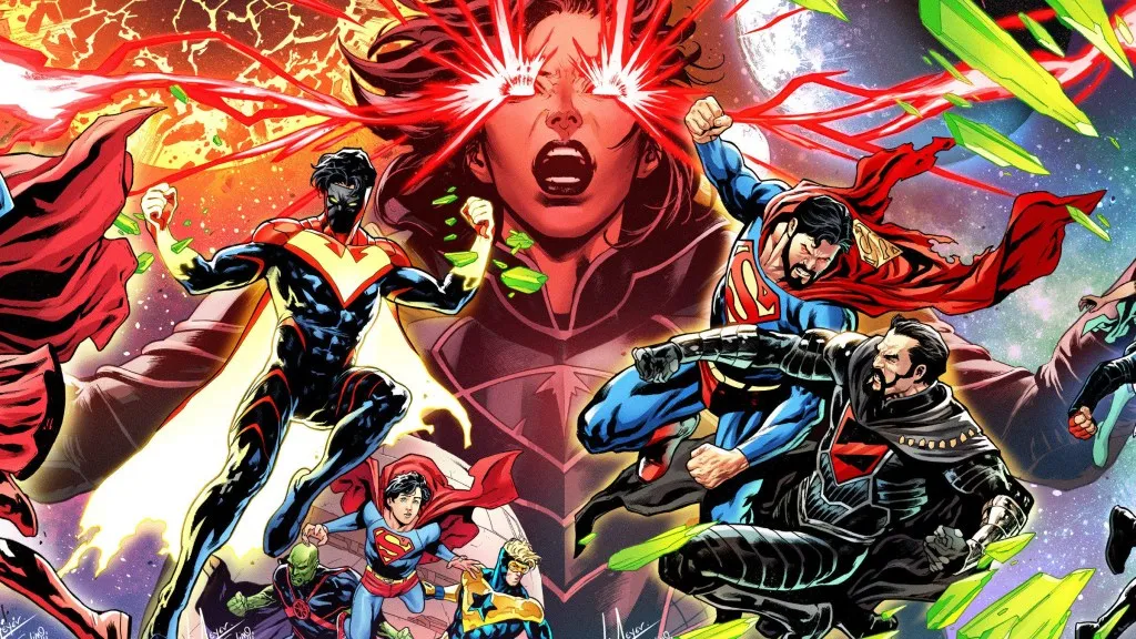 Segunda arte promocional dos eventos Kingdom of Zod da DC Comics, com personagens conectados.