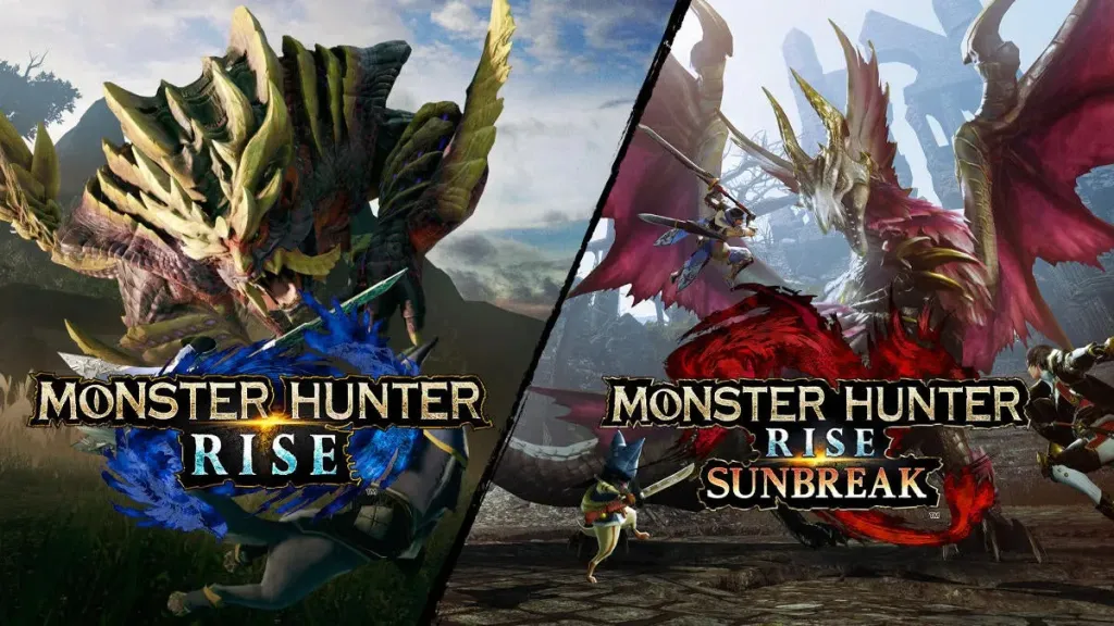 Logotipos de Monster Hunter Rise e sua expansão Sunbreak.