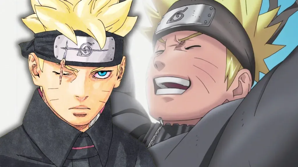 Ilustração de Boruto e Naruto lado a lado
