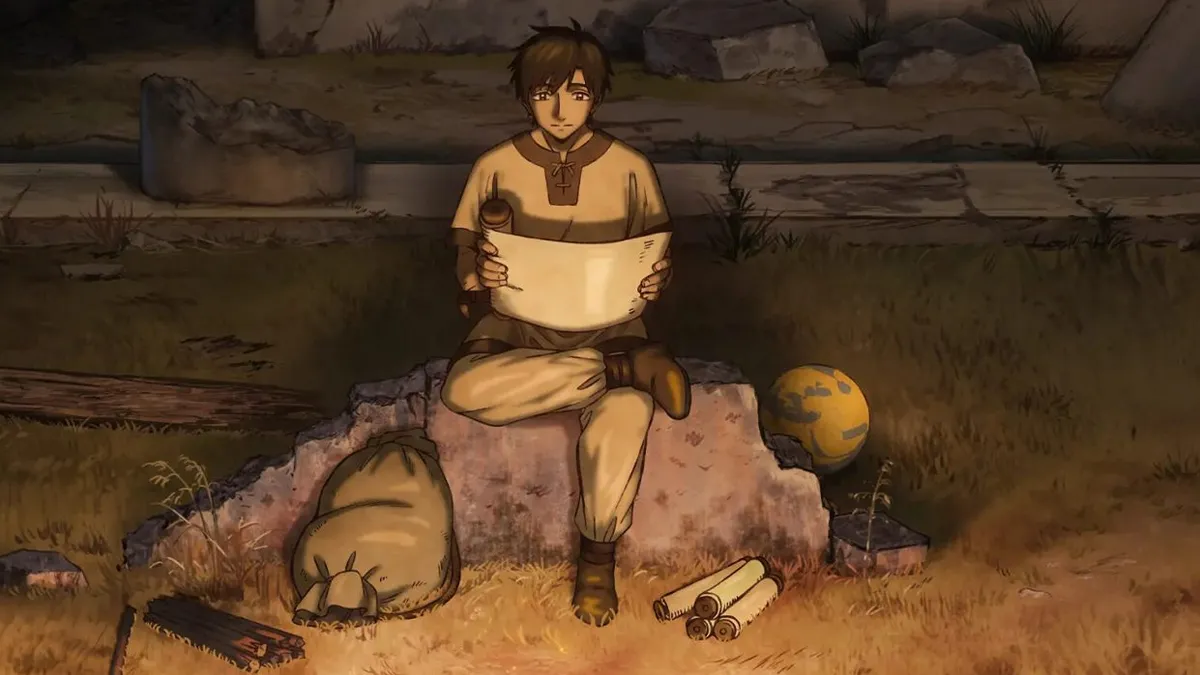 Imagem promocional do anime Historie, com múltiplos personagens e cenário antigo.