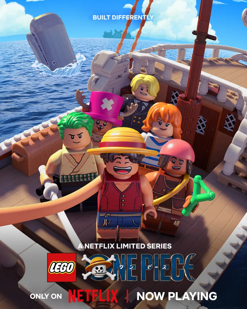 Pôster promocional de One Piece com elementos LEGO, promovendo o universo live-action da Netflix
