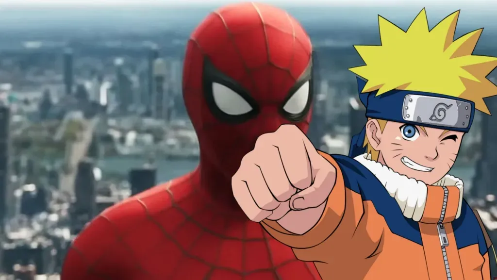 Ilustração comparativa entre Naruto e Homem-Aranha representando os estúdios Sony e Pierrot