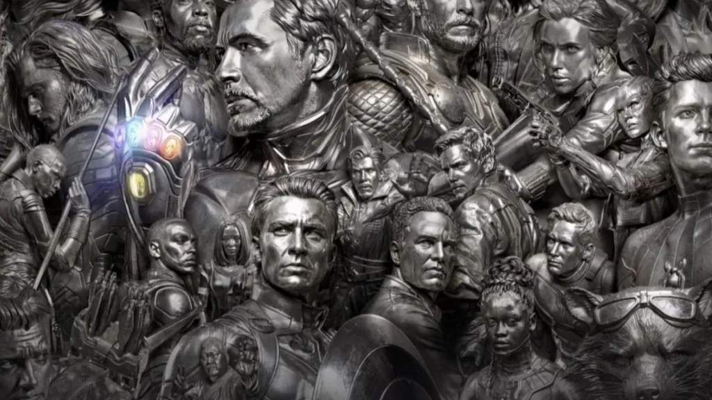 Arte promocional de Avengers Endgame Encore, com Thanos e os Vingadores em destaque