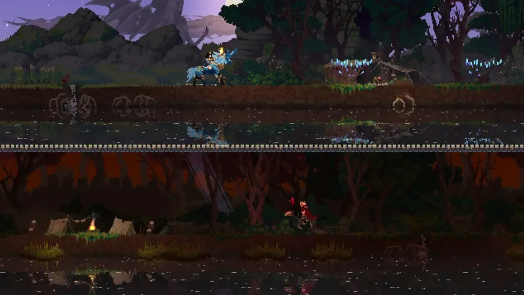 Gameplay de Kingdom Two Crowns, um jogo de defesa de torre cooperativo.