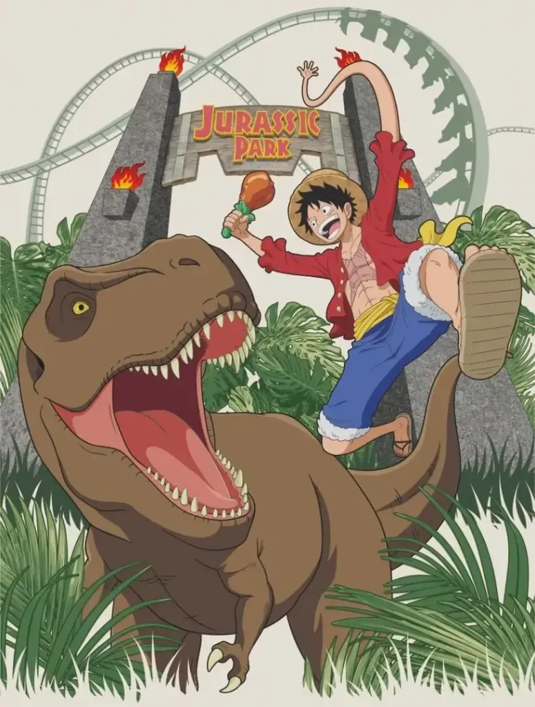 Cartaz da colaboração One Piece e Jurassic Park
